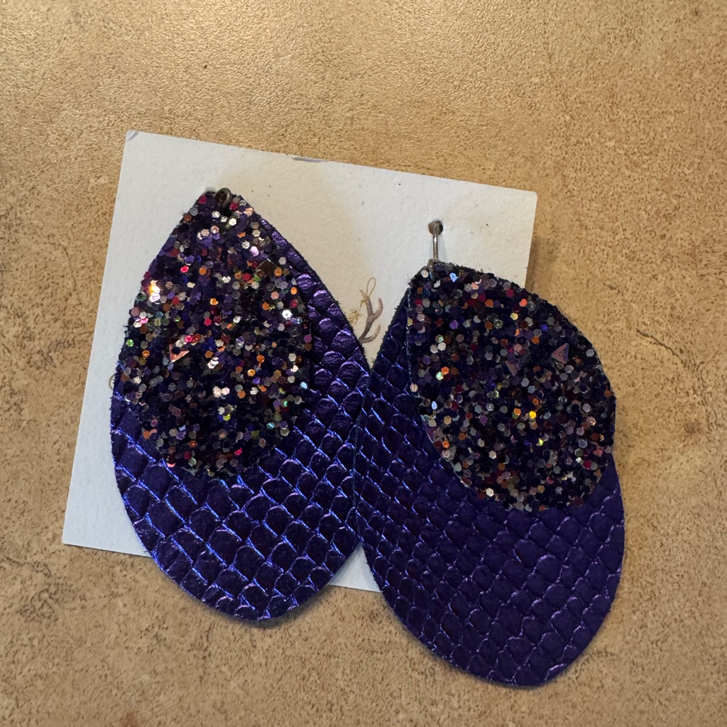 - Purple Glitter And Leather Earrings. Two Layers
